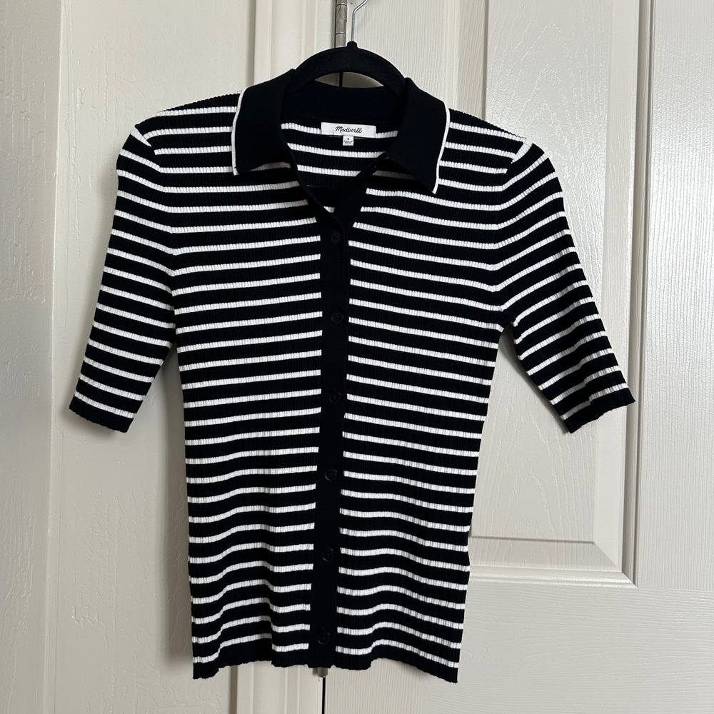 Madewell Stripe Antonia Snowy Short-Sleeve Polo Tee Black White S - Picture 2 of 8